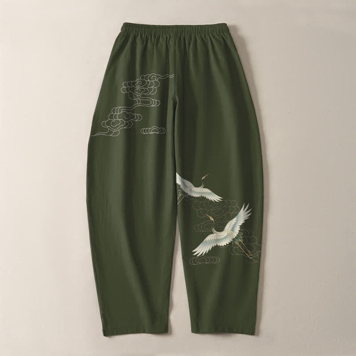 Buddha Stones Pure Cotton White Crane Clouds Pattern Drawstring Men's Tapered Pants With Pockets - image 14