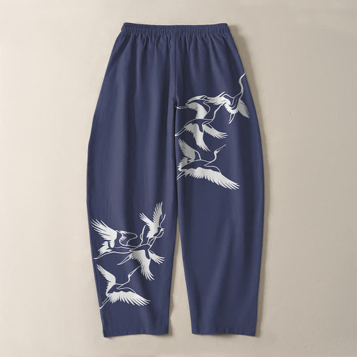 Buddha Stones Pure Cotton Flying Crane Pattern Drawstring Men's Tapered Pants With Pockets - image 3
