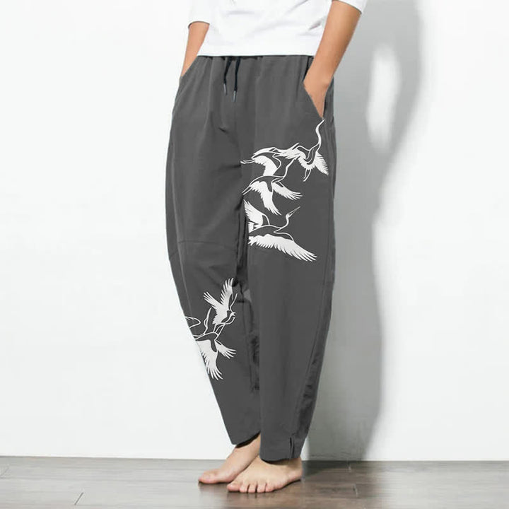 Buddha Stones Pure Cotton Flying Crane Pattern Drawstring Men's Tapered Pants With Pockets - image 8