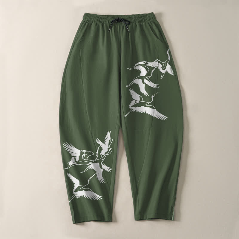 Buddha Stones Pure Cotton Flying Crane Pattern Drawstring Men's Tapered Pants With Pockets - image 13