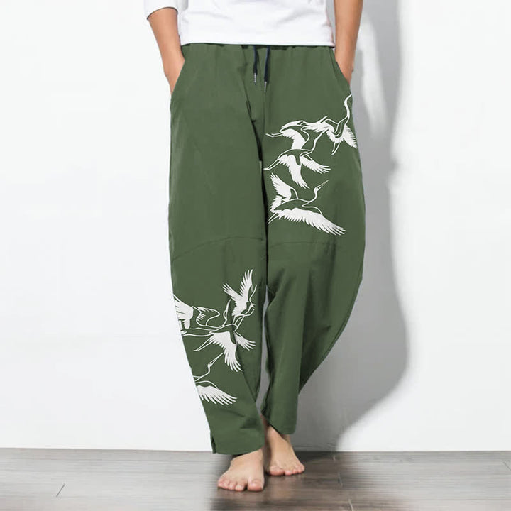 Buddha Stones Pure Cotton Flying Crane Pattern Drawstring Men's Tapered Pants With Pockets - DarkOliveGreen - US/UK/AU50，EU60 (5XL) - image 11
