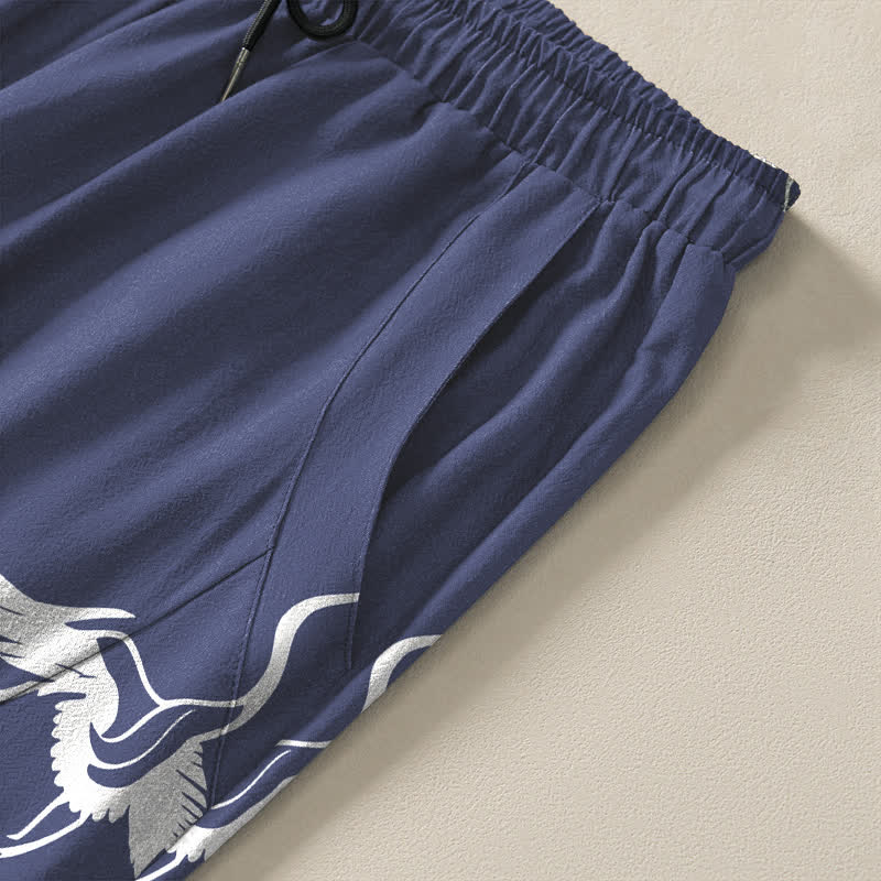Buddha Stones Pure Cotton Flying Crane Pattern Drawstring Men's Tapered Pants With Pockets - image 4