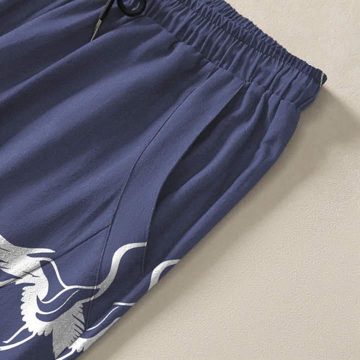 Buddha Stones Pure Cotton Flying Crane Pattern Drawstring Men's Tapered Pants With Pockets - image 4