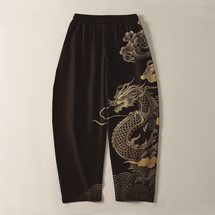 Buddha Stones Pure Cotton Golden Dragon Cloud Pattern Drawstring Men's Tapered Pants With Pockets - image 2