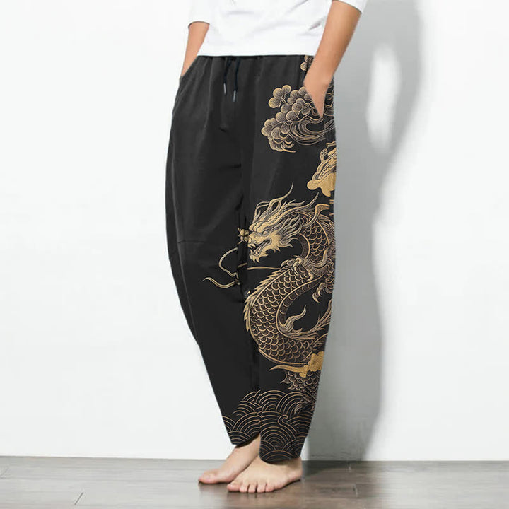Buddha Stones Pure Cotton Golden Dragon Cloud Pattern Drawstring Men's Tapered Pants With Pockets - image 8