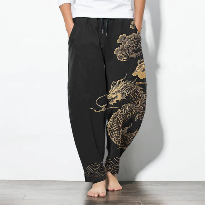 Buddha Stones Pure Cotton Golden Dragon Cloud Pattern Drawstring Men's Tapered Pants With Pockets - Black - US/UK/AU50，EU60 (5XL) - image 7