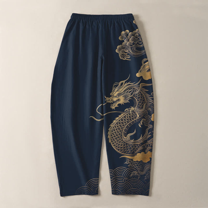 Buddha Stones Pure Cotton Golden Dragon Cloud Pattern Drawstring Men's Tapered Pants With Pockets - image 14