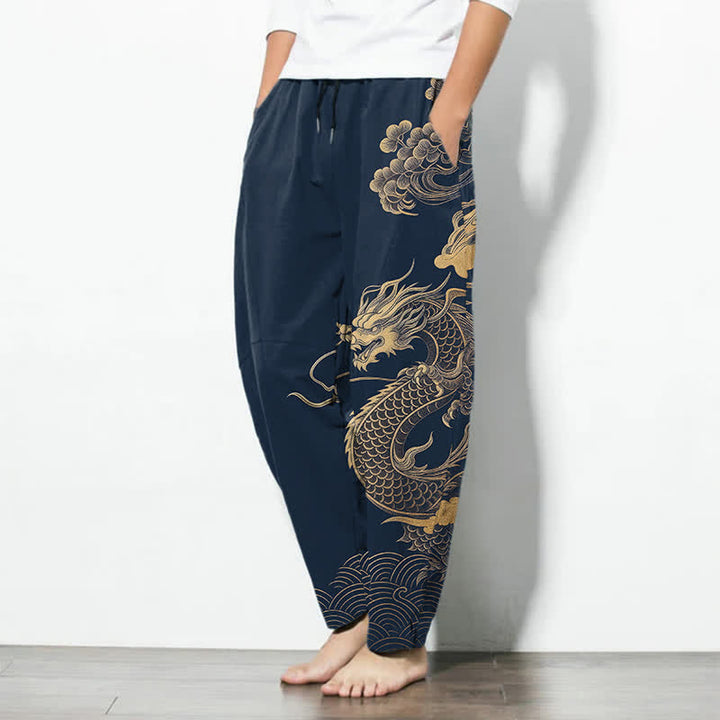 Buddha Stones Pure Cotton Golden Dragon Cloud Pattern Drawstring Men's Tapered Pants With Pockets - image 12