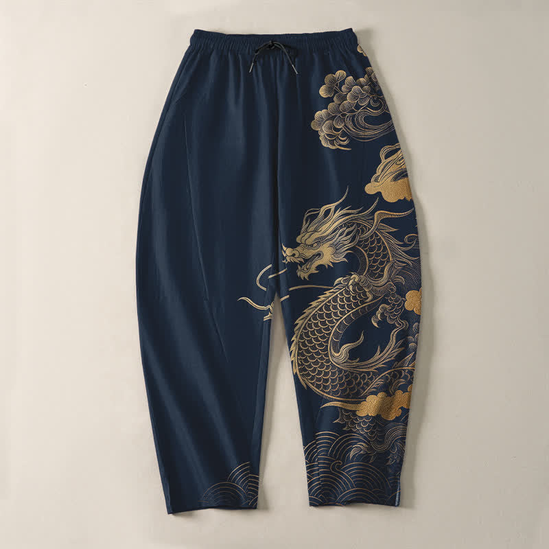 Buddha Stones Pure Cotton Golden Dragon Cloud Pattern Drawstring Men's Tapered Pants With Pockets - image 13
