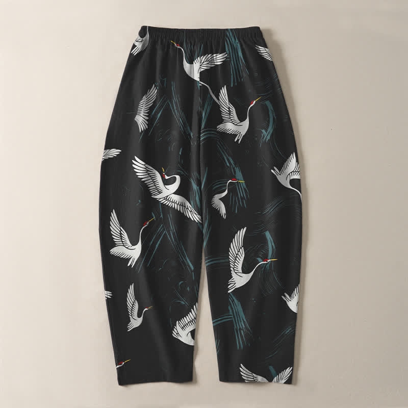 Buddha Stones Pure Cotton Black White Crane Pattern Drawstring Men's Tapered Pants With Pockets - image 3