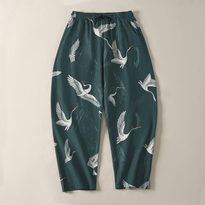 Buddha Stones Pure Cotton Black White Crane Pattern Drawstring Men's Tapered Pants With Pockets - image 9