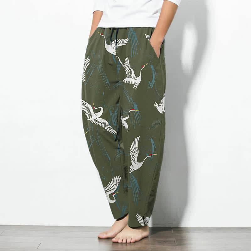 Buddha Stones Pure Cotton Black White Crane Pattern Drawstring Men's Tapered Pants With Pockets - image 12