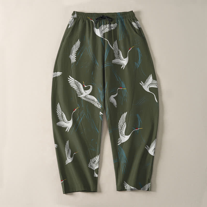 Buddha Stones Pure Cotton Black White Crane Pattern Drawstring Men's Tapered Pants With Pockets - image 13