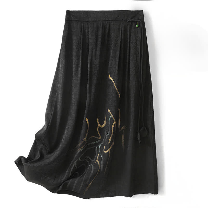 Buddha Stones Spring Summer Boho Drawstring Black Abstract Lines Women's Skirts - Black - US12，UK/AU16，EU44 (2XL) - image 0