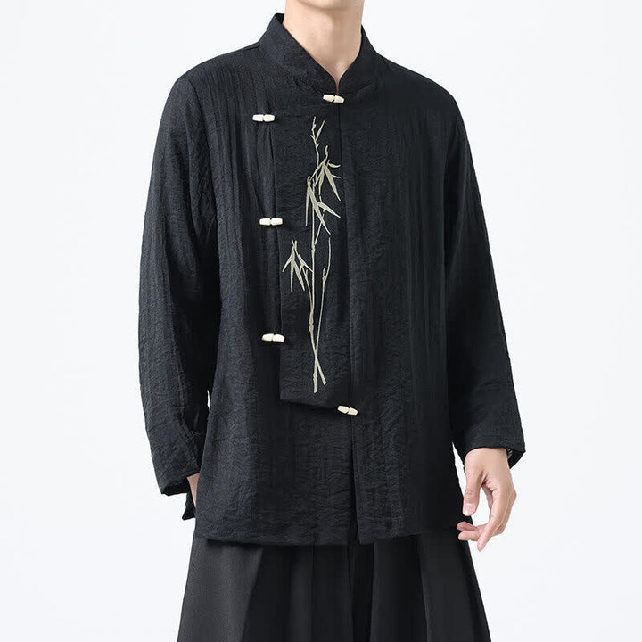 Buddha Stones Spring Tang Style Vintage Mandarin Collar Frog Button Bamboo Embroidery Men's Long Sleeve Shirts - Black - US/UK/AU46，EU56 (5XL) - image 5