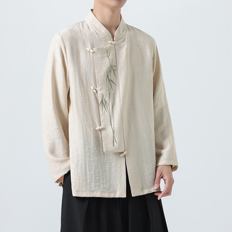 Buddha Stones Spring Tang Style Vintage Mandarin Collar Frog Button Bamboo Embroidery Men's Long Sleeve Shirts - Beige - US/UK/AU46，EU56 (5XL) - image 16