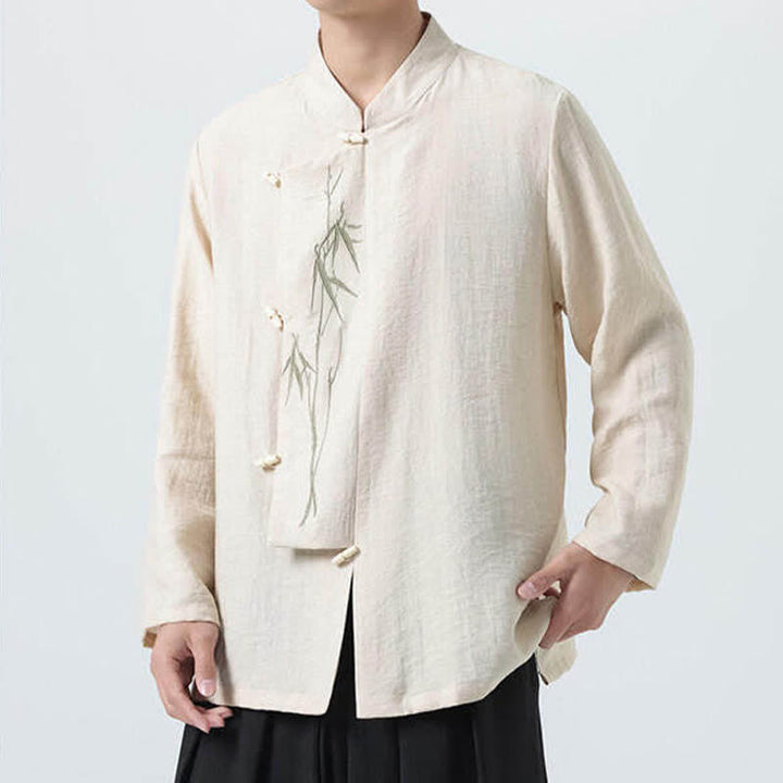 Buddha Stones Spring Tang Style Vintage Mandarin Collar Frog Button Bamboo Embroidery Men's Long Sleeve Shirts - image 17