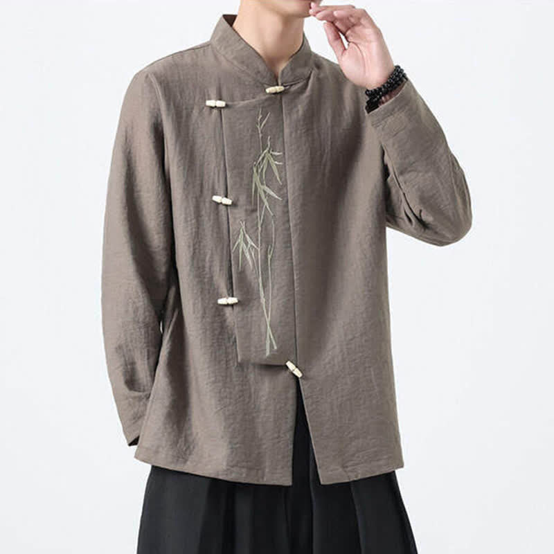 Buddha Stones Spring Tang Style Vintage Mandarin Collar Frog Button Bamboo Embroidery Men's Long Sleeve Shirts - image 14
