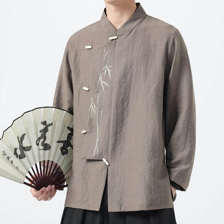 Buddha Stones Spring Tang Style Vintage Mandarin Collar Frog Button Bamboo Embroidery Men's Long Sleeve Shirts - image 12