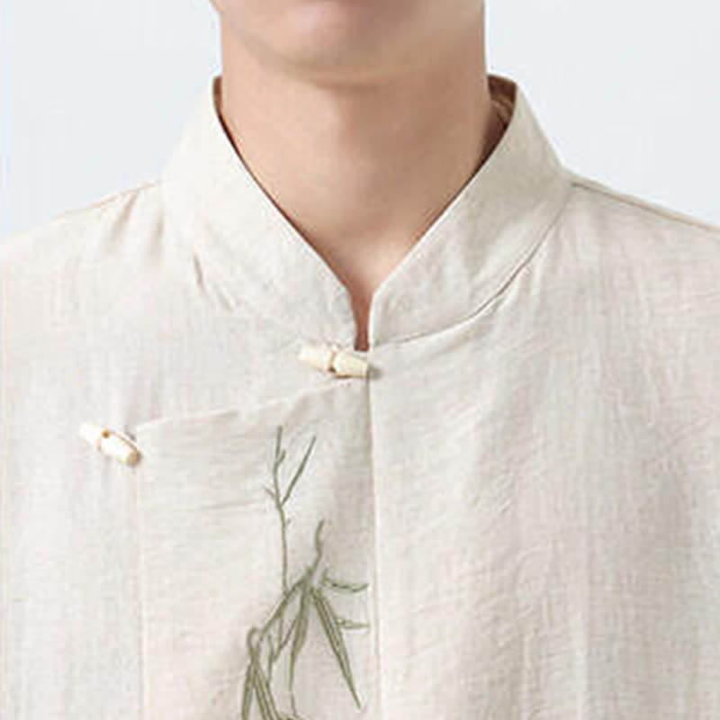 Buddha Stones Spring Tang Style Vintage Mandarin Collar Frog Button Bamboo Embroidery Men's Long Sleeve Shirts - image 24