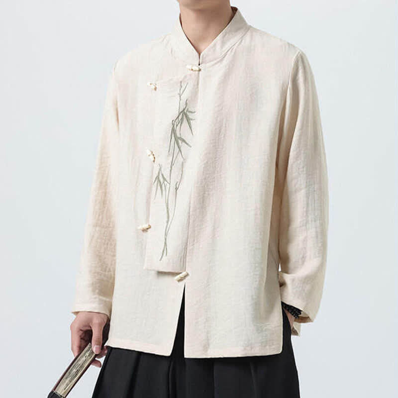 Buddha Stones Spring Tang Style Vintage Mandarin Collar Frog Button Bamboo Embroidery Men's Long Sleeve Shirts - image 18
