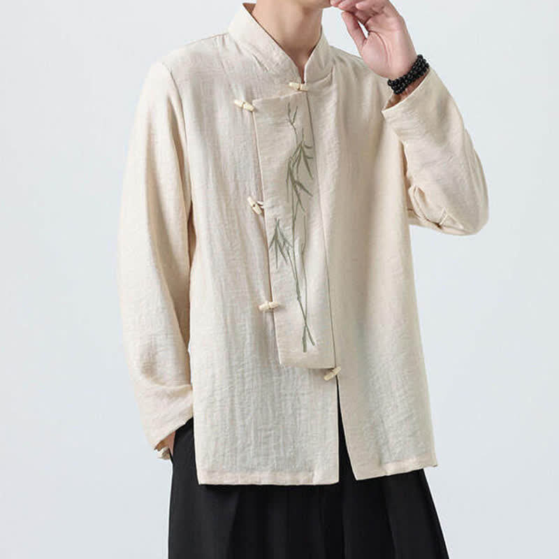Buddha Stones Spring Tang Style Vintage Mandarin Collar Frog Button Bamboo Embroidery Men's Long Sleeve Shirts - image 21