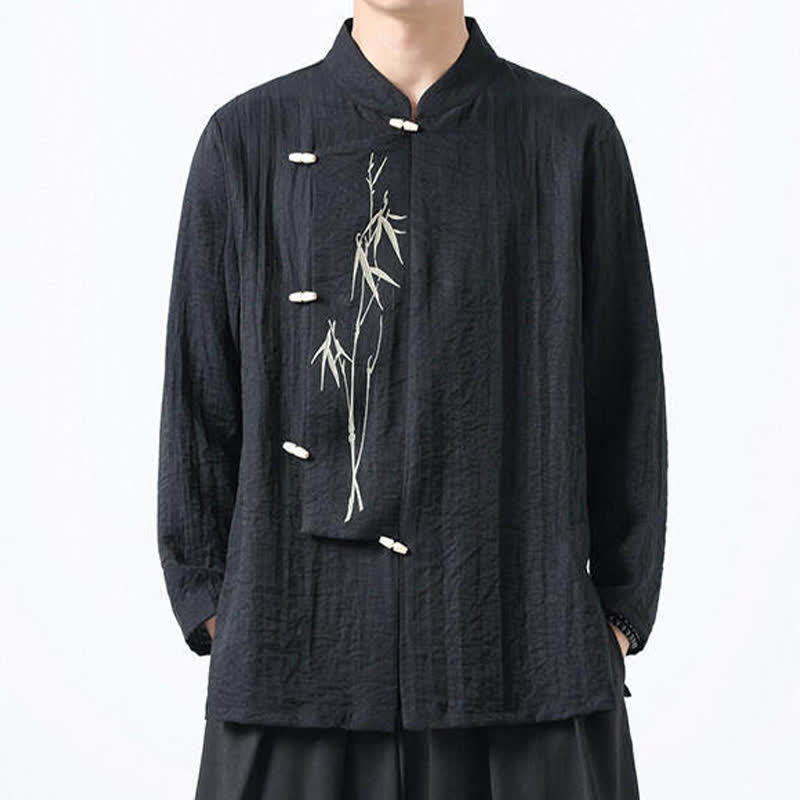 Buddha Stones Spring Tang Style Vintage Mandarin Collar Frog Button Bamboo Embroidery Men's Long Sleeve Shirts - image 7