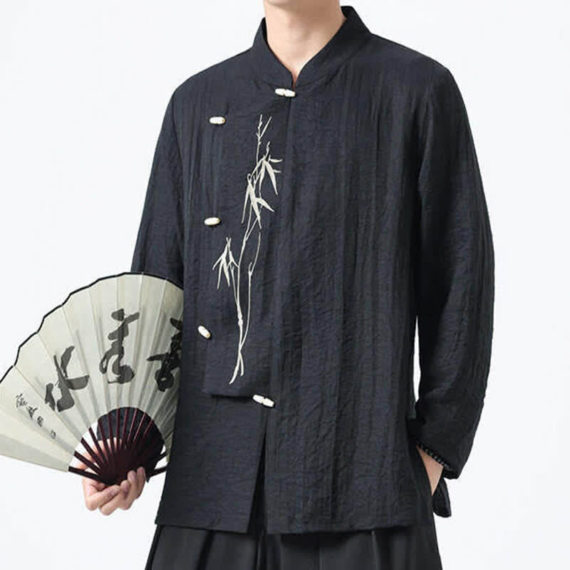 Buddha Stones Spring Tang Style Vintage Mandarin Collar Frog Button Bamboo Embroidery Men's Long Sleeve Shirts - image 6