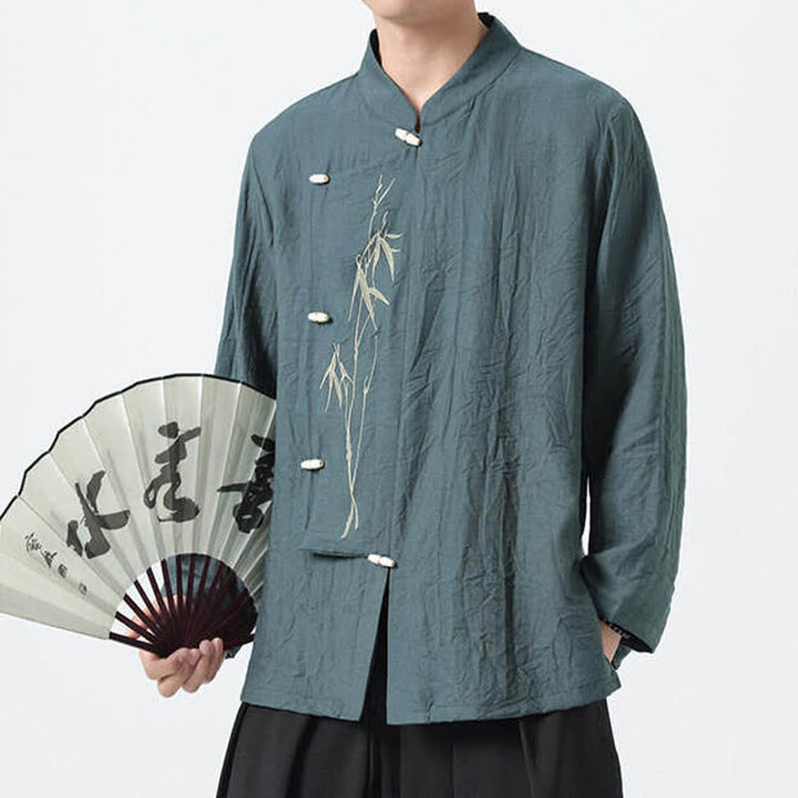 Buddha Stones Spring Tang Style Vintage Mandarin Collar Frog Button Bamboo Embroidery Men's Long Sleeve Shirts - CadetBlue - US/UK/AU46，EU56 (5XL) - image 0