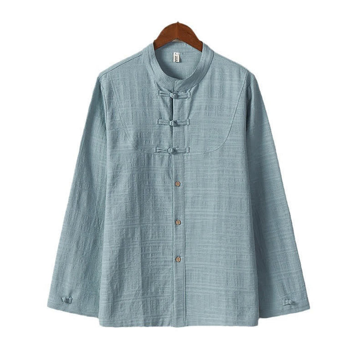 Buddha Stones Fall Winter Tang Style Vintage Mandarin Collar Frog Button Solid Men's Long Sleeve Shirts - image 1