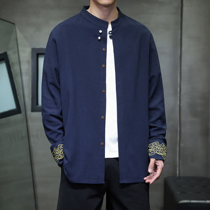 Buddha Stones Fall Winter Tang Style Casual Mandarin Collar Embroidery Auspicious Clouds Cuffs Solid Men's Long Sleeve Shirts - MidnightBlue - US/UK/AU46，EU56 (5XL) - image 0