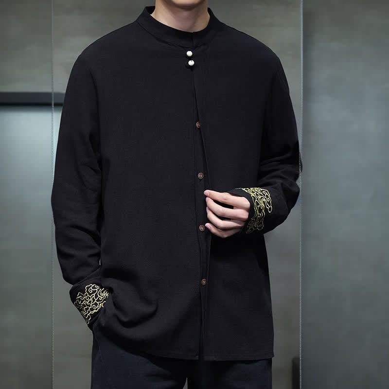 Buddha Stones Fall Winter Tang Style Casual Mandarin Collar Embroidery Auspicious Clouds Cuffs Solid Men's Long Sleeve Shirts - image 13