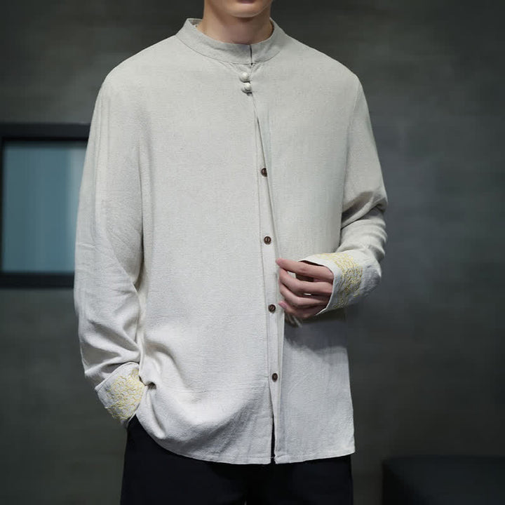 Buddha Stones Fall Winter Tang Style Casual Mandarin Collar Embroidery Auspicious Clouds Cuffs Solid Men's Long Sleeve Shirts - image 17