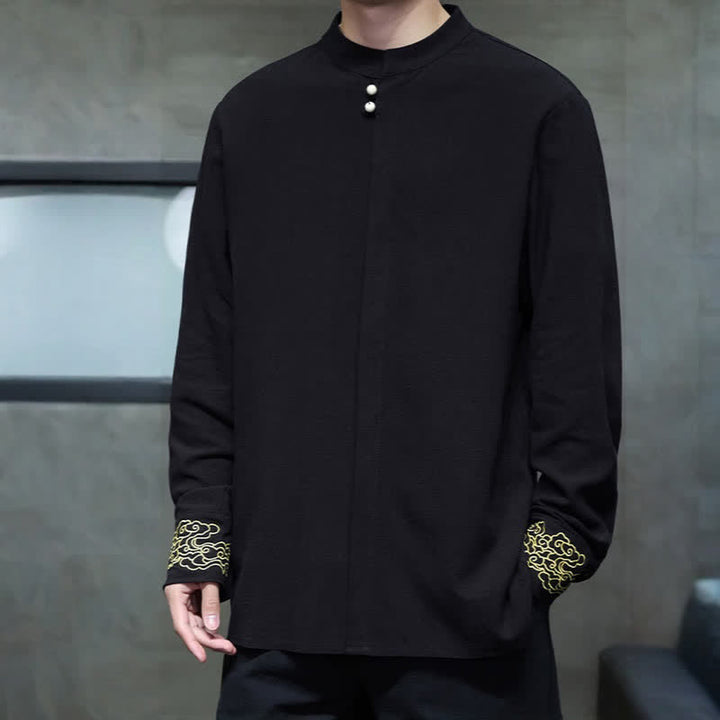 Buddha Stones Fall Winter Tang Style Casual Mandarin Collar Embroidery Auspicious Clouds Cuffs Solid Men's Long Sleeve Shirts - image 15