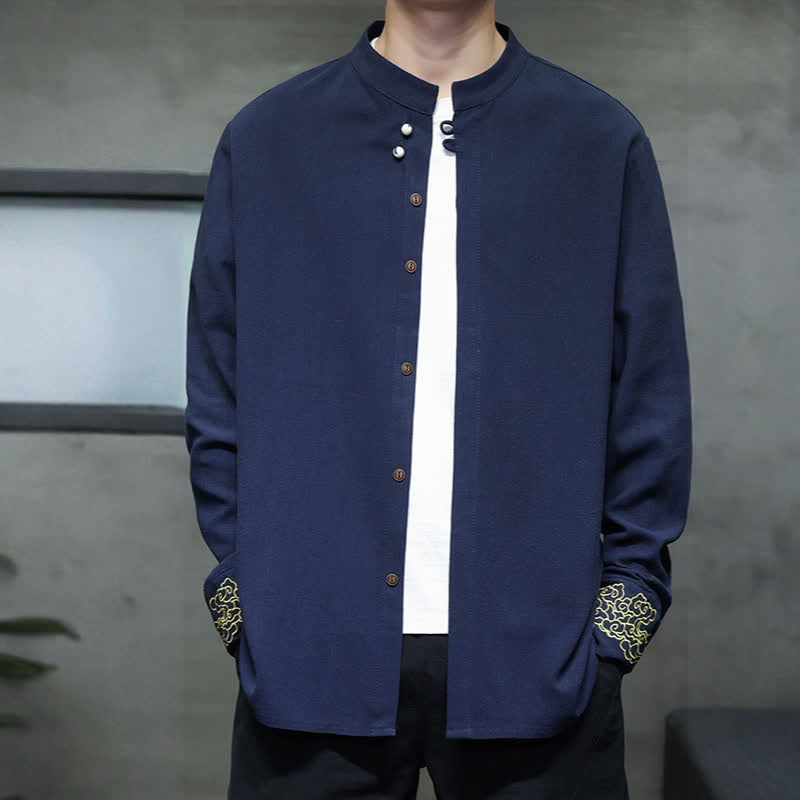 Buddha Stones Fall Winter Tang Style Casual Mandarin Collar Embroidery Auspicious Clouds Cuffs Solid Men's Long Sleeve Shirts - image 8
