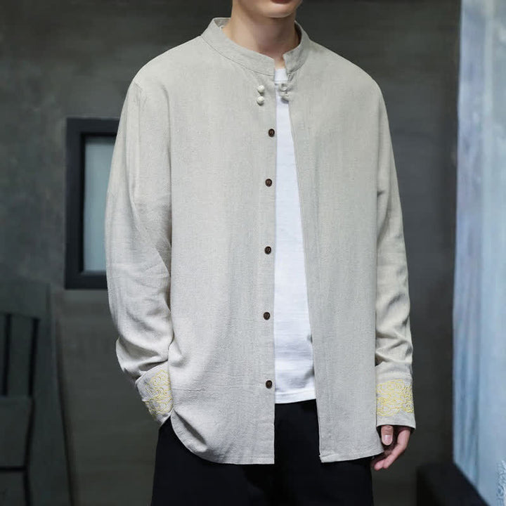 Buddha Stones Fall Winter Tang Style Casual Mandarin Collar Embroidery Auspicious Clouds Cuffs Solid Men's Long Sleeve Shirts - image 21