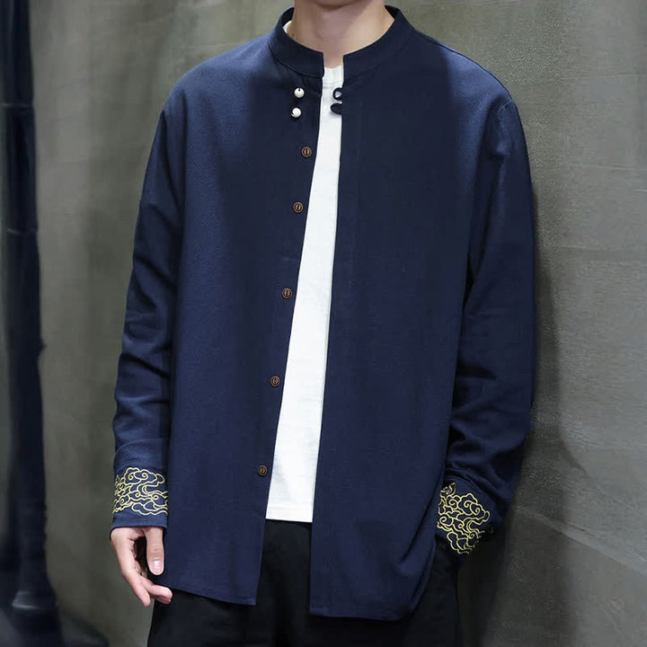 Buddha Stones Fall Winter Tang Style Casual Mandarin Collar Embroidery Auspicious Clouds Cuffs Solid Men's Long Sleeve Shirts - image 7