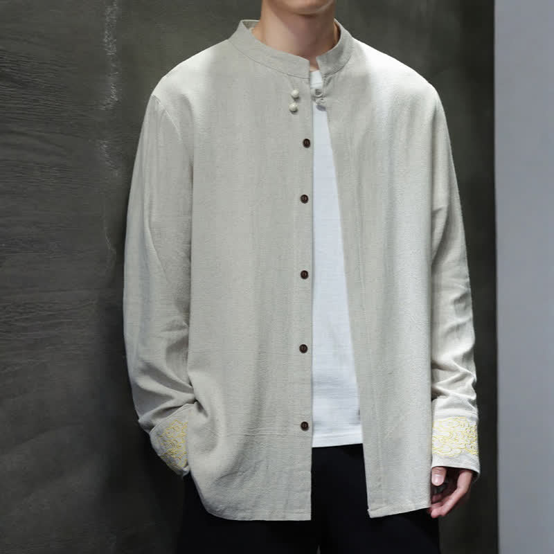 Buddha Stones Fall Winter Tang Style Casual Mandarin Collar Embroidery Auspicious Clouds Cuffs Solid Men's Long Sleeve Shirts - image 23