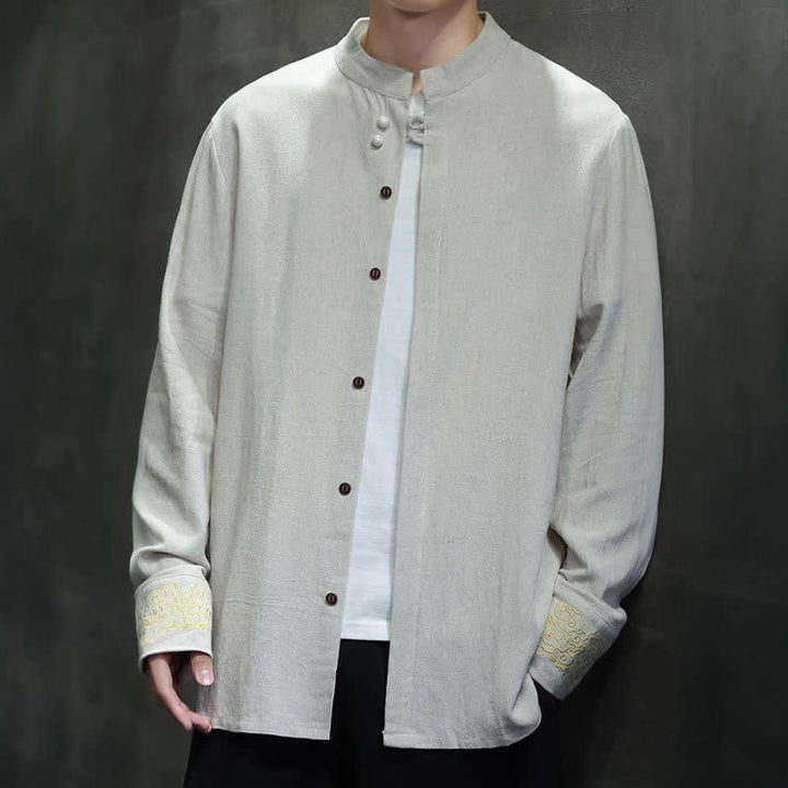 Buddha Stones Fall Winter Tang Style Casual Mandarin Collar Embroidery Auspicious Clouds Cuffs Solid Men's Long Sleeve Shirts - image 22