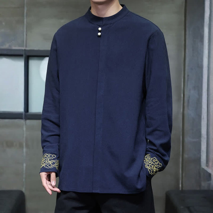 Buddha Stones Fall Winter Tang Style Casual Mandarin Collar Embroidery Auspicious Clouds Cuffs Solid Men's Long Sleeve Shirts - image 2