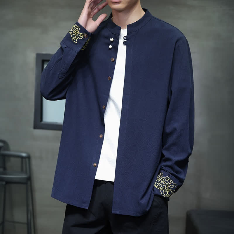 Buddha Stones Fall Winter Tang Style Casual Mandarin Collar Embroidery Auspicious Clouds Cuffs Solid Men's Long Sleeve Shirts - image 3