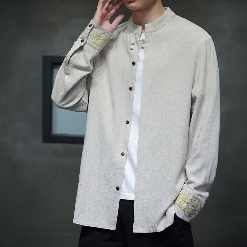 Buddha Stones Fall Winter Tang Style Casual Mandarin Collar Embroidery Auspicious Clouds Cuffs Solid Men's Long Sleeve Shirts - image 18