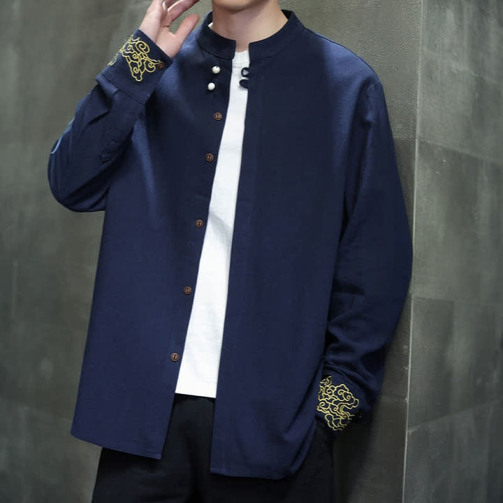 Buddha Stones Fall Winter Tang Style Casual Mandarin Collar Embroidery Auspicious Clouds Cuffs Solid Men's Long Sleeve Shirts - image 5