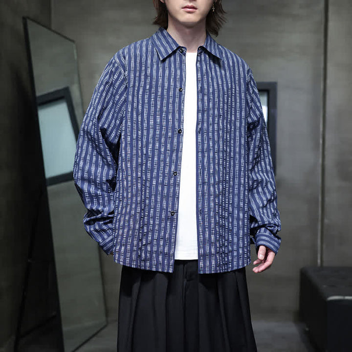 Buddha Stones Fall Casual Minimalist Button-Up Striped Men's Long Sleeve Shirts - Navy - US/UK/AU46，EU56 (5XL) - image 0