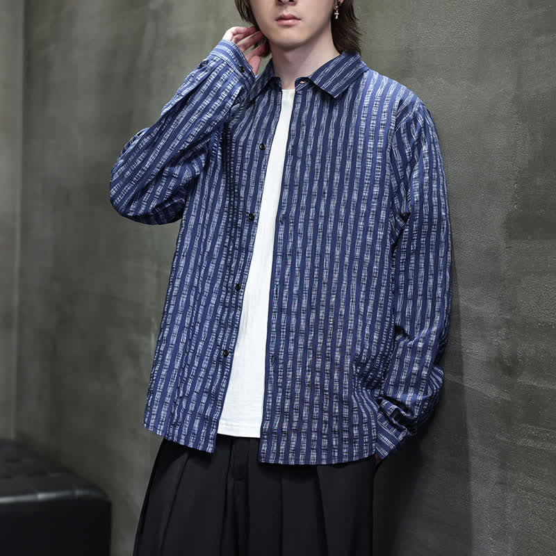 Buddha Stones Fall Casual Minimalist Button-Up Striped Men's Long Sleeve Shirts - image 7