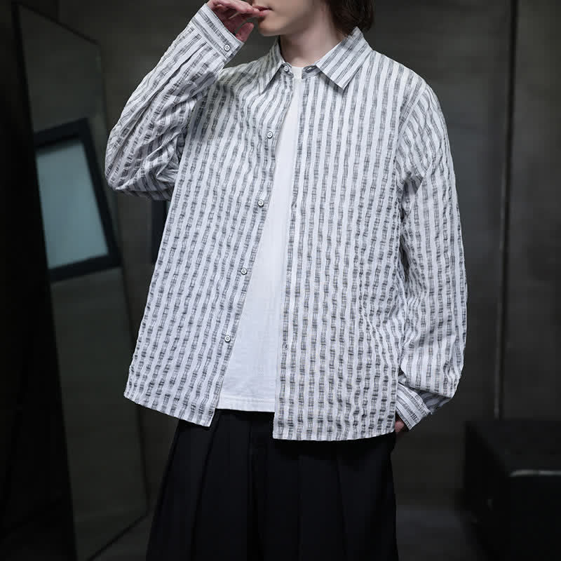 Buddha Stones Fall Casual Minimalist Button-Up Striped Men's Long Sleeve Shirts - image 10