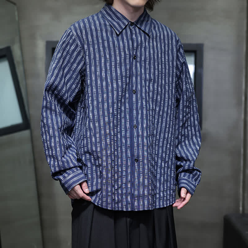 Buddha Stones Fall Casual Minimalist Button-Up Striped Men's Long Sleeve Shirts - image 2