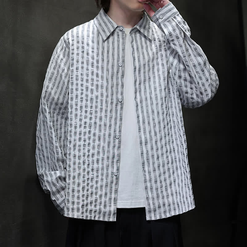 Buddha Stones Fall Casual Minimalist Button-Up Striped Men's Long Sleeve Shirts - image 15