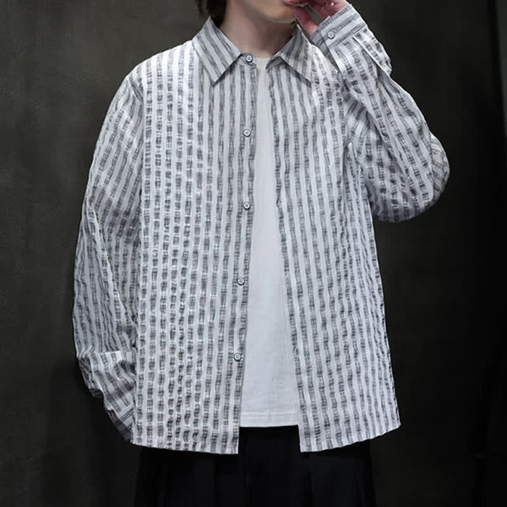 Buddha Stones Fall Casual Minimalist Button-Up Striped Men's Long Sleeve Shirts - image 15