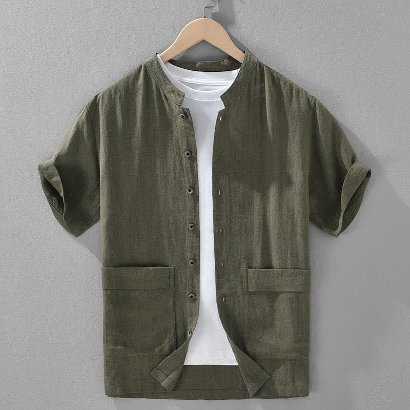 Buddha Stones Summer Casual Mandarin Collar Button-Up Solid Men's Short Sleeve Shirts With Pockets - DarkOliveGreen - US/UK/AU42，EU52 (3XL) - image 0